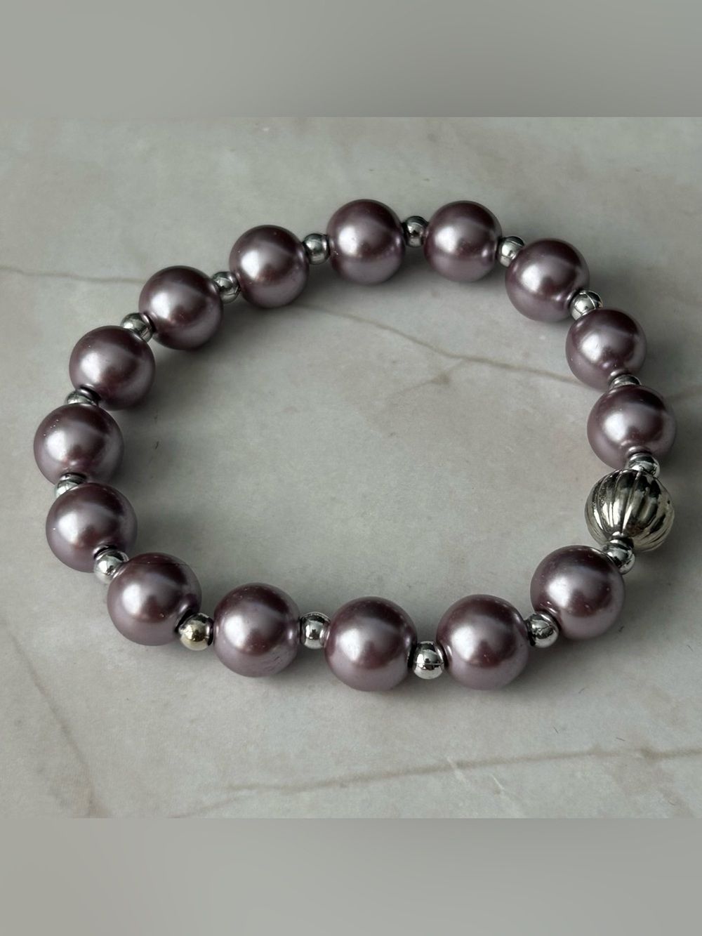 Lavender Pearl Stretch Bracelet with Silver Accents